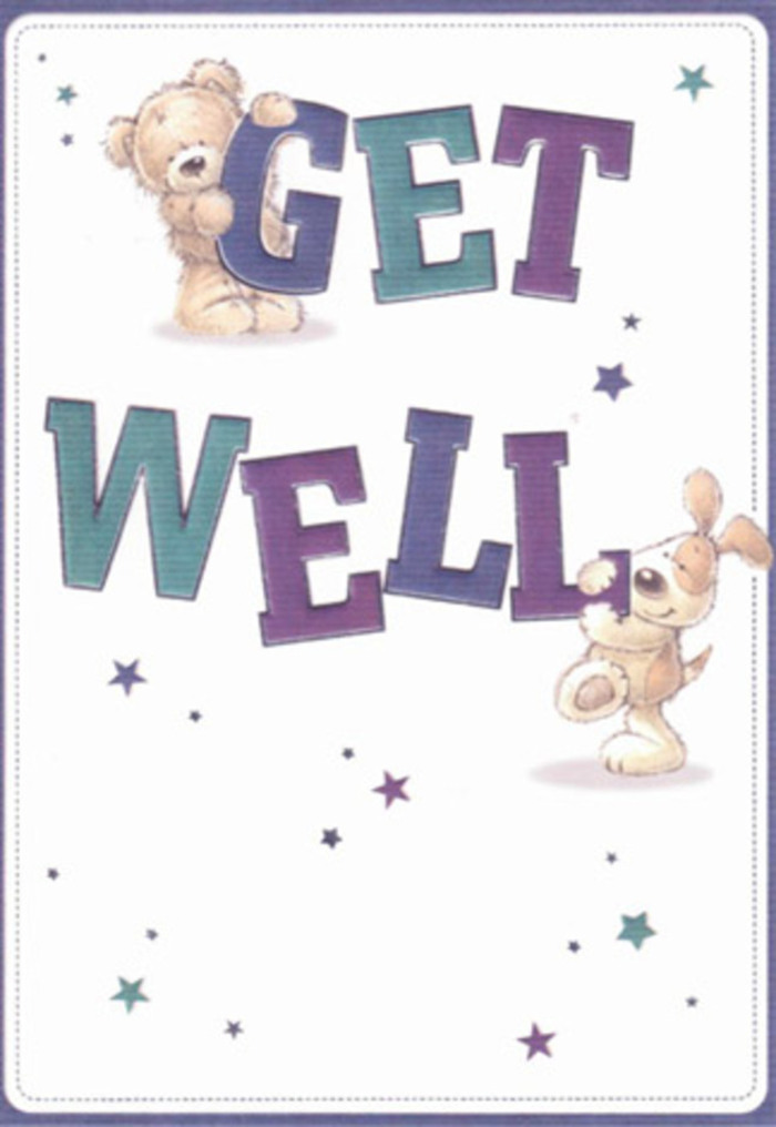 This get well card is a cheerful celebration of encouragement, its friendly illustrations infused with the light and hope characteristic of Welling afternoons. A fluffy bear and a gleeful puppy nestle beside oversized typography that proclaims 'Get Well' in vibrant shades of violet and aqua. Dotted around them, playful stars dazzle in purples and blues, as if spinning their wishes along the breeze that meanders through Oxleas Wood. The tactile rendering of each animal-down to the bear's plush coat and the puppy's floppy, velveteen ears-invites a sense of tender comfort, reminiscent of a hand-tied bouquet from Welling Florist. Imagine pairing this card with a brimming vase of local blooms; together, they deliver a wave of joy and optimism to a loved one in recovery. The airy composition and inviting colour scheme create a bright companion for anyone facing illness, ensuring support and reassurance arrive with every thoughtful detail.