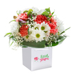 Bringing a breath of springtime to Welling, this enchanting bouquet rises in a square white gift bag, every stem radiating care and artistry. Fluffy coral and red carnations, their petals elegantly ruffled, mingle with snowy white daisies whose lime-green centers add a burst of playful brightness-much like neighbourhood gardens basking in Oxleas Woods' morning light. Wisps of baby's breath drift between the blooms, adding softness and charm, while hints of tightly furled, purple-tinged buds promise moments of discovery. The whole bouquet is encircled by a generous fan of glossy dark green leaves, creating a sense of fullness and gentle enclosure. The white bag's wide ribbon handles offer easy carrying, making this an ideal gift for birthdays, anniversaries, or simple gestures of kindness across Welling. With a clean, pure white background showcasing every petal and leaf, the composition glows with energy, freshness, and heartfelt local spirit-a perfect tribute to the joy of giving or the beauty found in Welling's vibrant floral traditions.